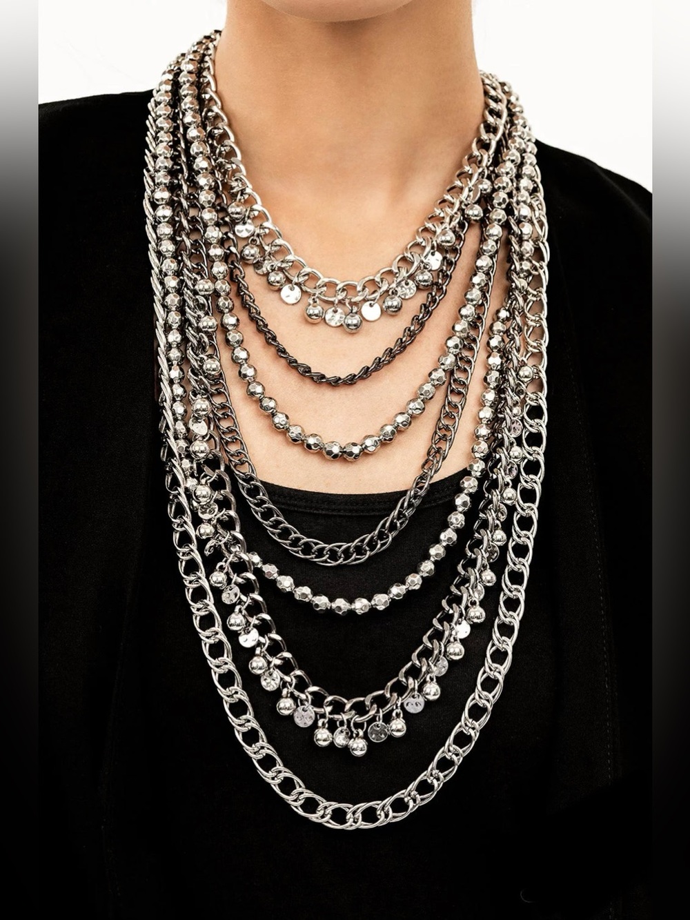 Silver Multi-Layer Statement Necklace & Earrings Set